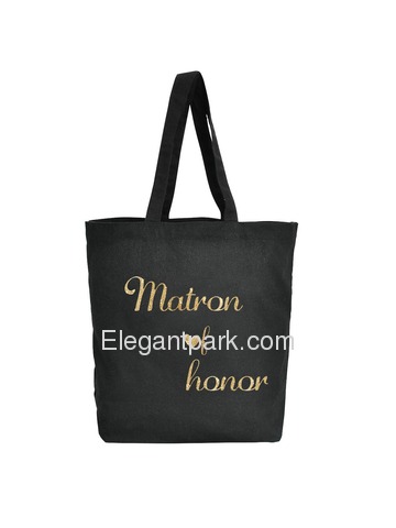 ElegantPark Matron of Honor Tote Bag for Wedding Gifts Black 100% Cotton with Gold Script
