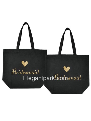 ElegantPark Bridesmaid Tote Bag for Wedding Gifts Black 100% Cotton with Gold Script 2 Pcs