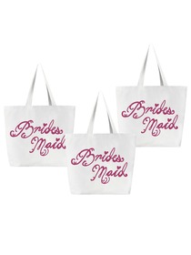 Bridesmaid Tote Bag Wedding Gifts Canvas 100% Cotton Interior Pocket White with Hot Pink Script 3 Pc