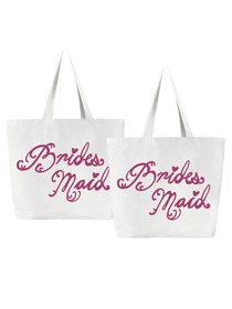 Bridesmaid Tote Bag Wedding Gifts Canvas 100% Cotton Interior Pocket White with Hot Pink Script 2 Pc