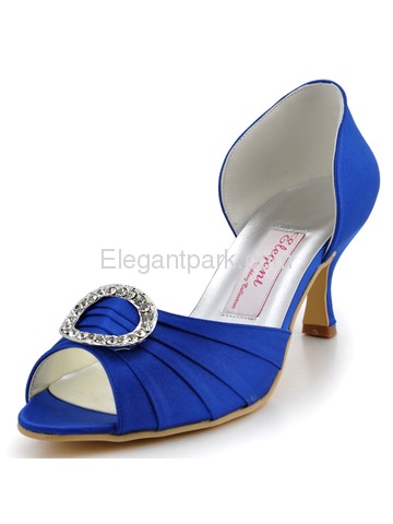 Women Mid Heel Pumps Peep Toe Brooch Ruched Satin Evening Prom Wedding Shoes (HP1630)