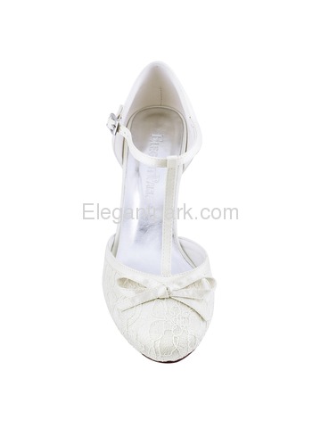 HC1721 Closed Toe Cone Heels T-Strap Buckle Ankle Strap Pumps Lace Wedding Bridal Shoes (HC1721)