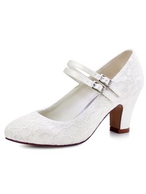 Elegantpark HC1620 Wedding Shoes Women Closed Toe Court Shoes Low Heels Comfortable Lace Bridal Shoes Ivory 