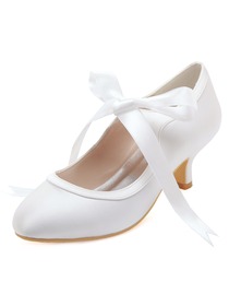 HC1803 White Almond Toe Mid Heel Lace Bridal Wedding Party Shoes