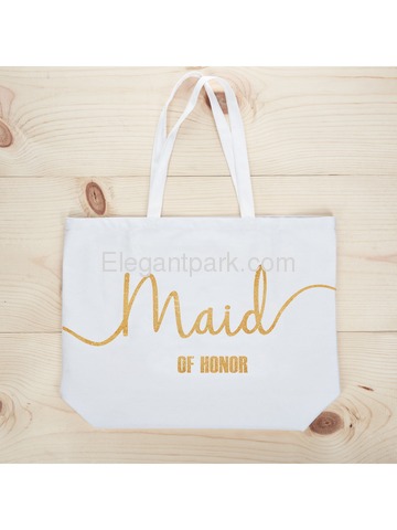 Maid of Honor Tote Bag Wedding Bridesmaid Gifts White with Gold Glitter 100% Cotton Canvas