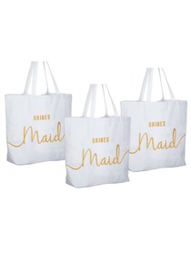 Bridesmaid Tote Bag Wedding Gifts Canvas 100% Cotton Interior Pocket White with Gold Glitter 3 Pcs