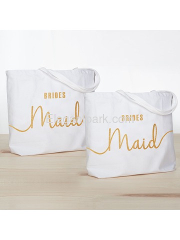 Bridesmaid Tote Bag Wedding Gifts Canvas 100% Cotton Interior Pocket White with Gold Glitter 2 Pcs