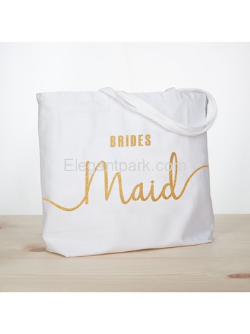 Bridesmaid Tote Bag Wedding Gifts Canvas 100% Cotton Interior Pocket White with Gold Glitter 1 Pcs