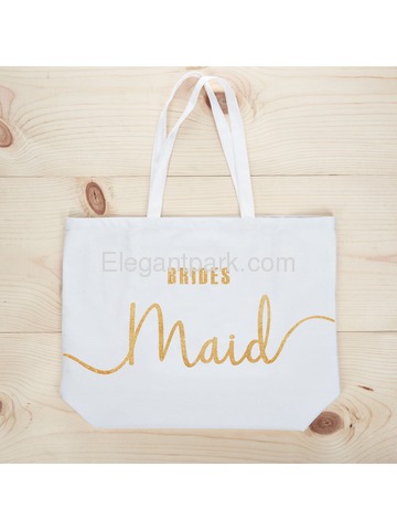 Bridesmaid Tote Bag Wedding Gifts Canvas 100% Cotton Interior Pocket White with Gold Glitter 1 Pcs