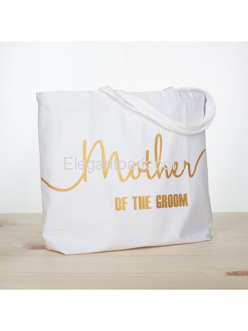 Mother of the Groom Tote Bag for Wedding Gifts Canvas 100% Cotton White with Gold Glitter