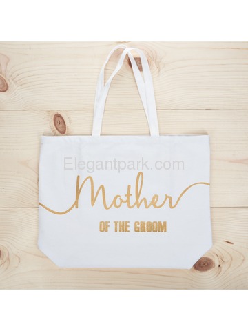 Mother of the Groom Tote Bag for Wedding Gifts Canvas 100% Cotton White with Gold Glitter