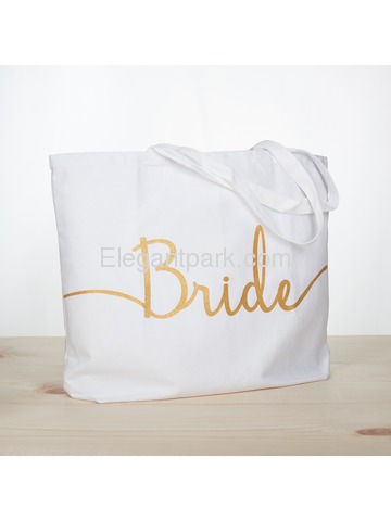 Bride Tote Bag Wedding Bridal Shower Gifts Canvas 100% Cotton Interior Pocket WhiteGold Glitter