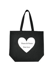 Monogrammed Wedding Black Tote Bag White Heart Custom Name & Date Design Canvas Gift Bag 100% Cotton
