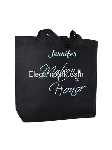 PERSONALIZED Aqua Embroidered Matron Tote Wedding Gift Black Shoulder Bag 100% Cotton