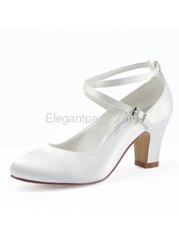 HC1808 Satin Closed Toe Chunky Heel Pumps Criss Corss Wedding Bridal Shoes (HC1808)