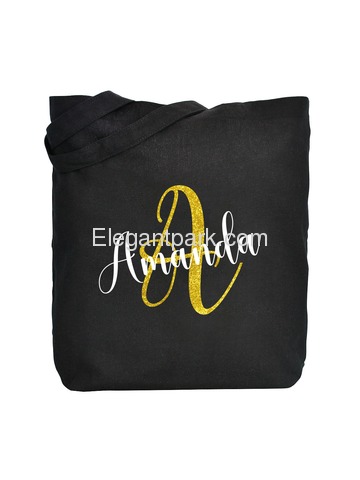 PERSONALIZED Initial A Monogram Wedding Tote Bridal Party Gift Black Shoulder Bag 100% Cotton …