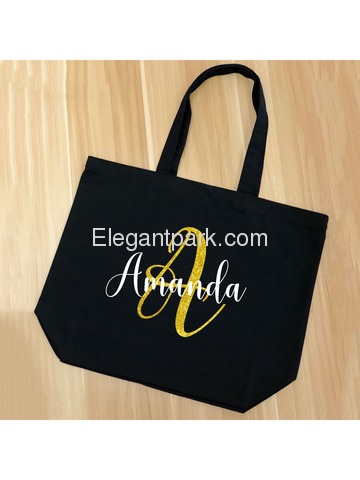 PERSONALIZED Initial A Monogram Wedding Tote Bridal Party Gift Black Shoulder Bag 100% Cotton …