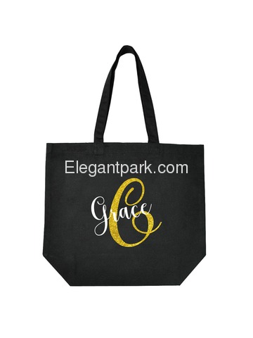 PERSONALIZED Initial G Monogram Wedding Tote Bridal Party Gift Black Shoulder Bag 100% Cotton …