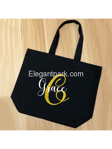 PERSONALIZED Initial G Monogram Wedding Tote Bridal Party Gift Black Shoulder Bag 100% Cotton …