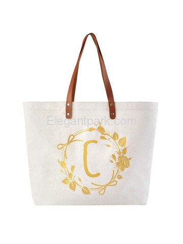 ElegantPark Eco-Friendly Wedding Shopping Grocery Tote Bag Interior Pocket 100% Cotton ,Letter C