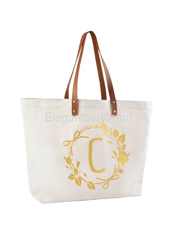 ElegantPark Eco-Friendly Wedding Shopping Grocery Tote Bag Interior Pocket 100% Cotton ,Letter C