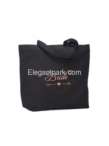 ElegantPark Bride Wedding Tote Bridal Shower Gift Shoulder Bag Black with Pink Embroidered 100% Cott