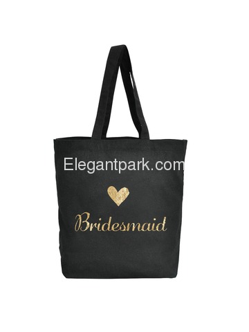 ElegantPark Bridesmaid Tote Bag for Wedding Favor Bachelorette Gifts 100% Cotton Black with Gold Gli