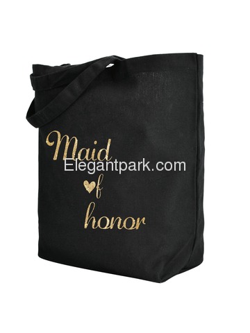 ElegantPark Maid of Honor Tote Wedding Gifts Bridal Shower Bag 100% Cotton Black with Gold Glitter