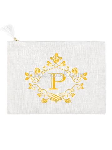 ElegantPark P Initial Monogram Makeup Bag Personalized Party Gift Clutch with Bottom Zip Jute