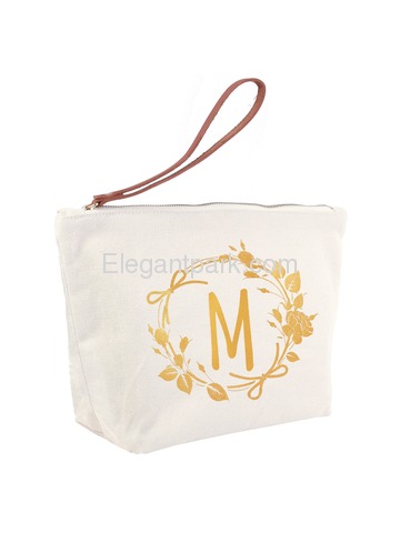 ElegantPark M Initial Monogram Makeup Cosmetic Bag Wristlet Pouch Gift with Bottom Zip Canvas