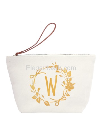 ElegantPark W Initial Monogram Makeup Cosmetic Bag Wristlet Pouch Gift with Bottom Zip Canvas