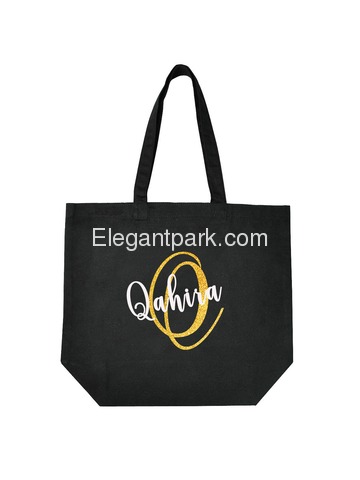 Monogram Initial Q Personalized Tote Shoulder Bag Black with Gold Glitter 100% Cotton
