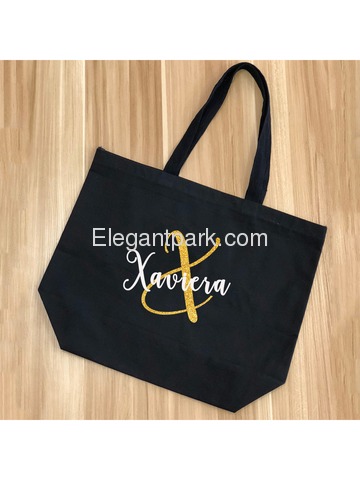 Monogram Initial X Personalized Tote Shoulder Bag Black with Gold Glitter 100% Cotton