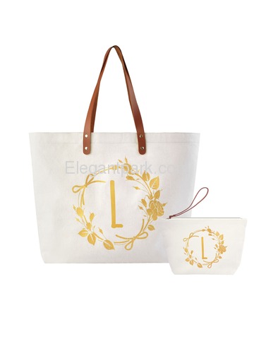 ElegantPark L Initial Personalized Gift Monogram Tote Bag + Makeup Cosmetic Bag with Zipper Canvas