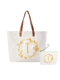 ElegantPark T Initial Personalized Gift Monogram Tote Bag + Makeup Cosmetic Bag with Zipper Canvas