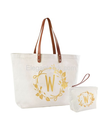 ElegantPark W Initial Personalized Gift Monogram Tote Bag + Makeup Cosmetic Bag with Zipper Canvas