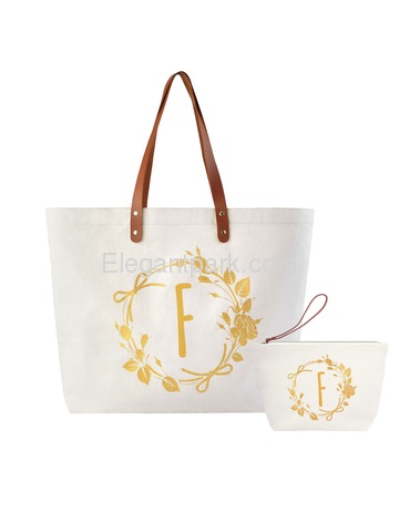 ElegantPark F Initial Personalized Gift Monogram Tote Bag + Makeup Cosmetic Bag with Zipper Canvas