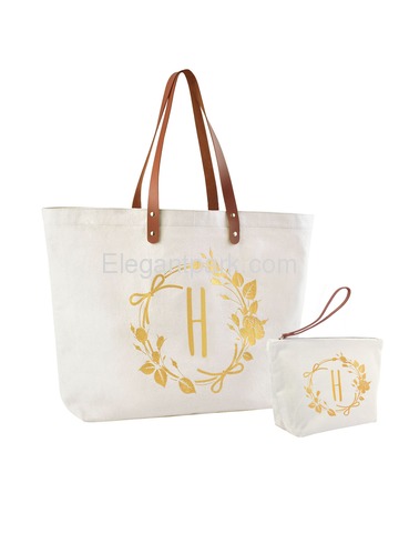 ElegantPark H Initial Personalized Gift Monogram Tote Bag + Makeup Cosmetic Bag with Zipper Canvas