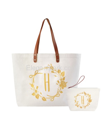 ElegantPark H Initial Personalized Gift Monogram Tote Bag + Makeup Cosmetic Bag with Zipper Canvas