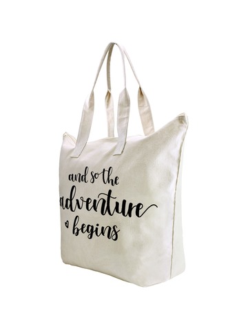 ElegantPark And so the Adventure begins Honneymoon Bridal Shower Gifts Cotton Canvas Large Travel Bag with Zip Top and Innerior Zipepr Pocket